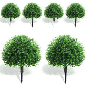 Yunlly Pack of 6 18 Inch Artificial Boxwood Ball Topiary Tree Fake Outdoor Plants Bush, UV Resistance Faux Shrubs with Spike Realistic Greenery Potted for Indoor Garden Yard Porch Patio Decor (Green)