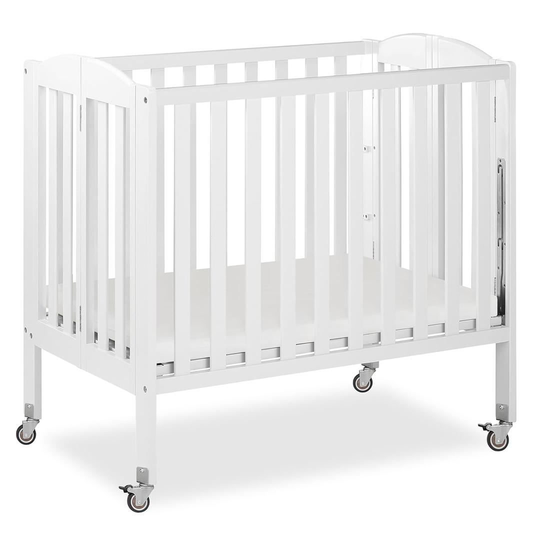 Dream On Me 3-in-1 Portable Folding Stationary Side Mini Baby Crib in Steel White & Mattress, GreenGuard Gold & BSA, Use as Changer & Playpen, Locking Wheels, 3 Mattress Heights, Extra Firm Mattress