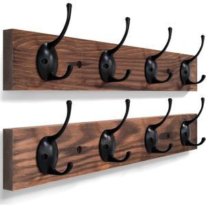 2 Pack Coat Hooks Wall Mount,Wooden Wall Hat Rack with 4 Hooks for Hanging Coat,Bag,Towel(Brown)