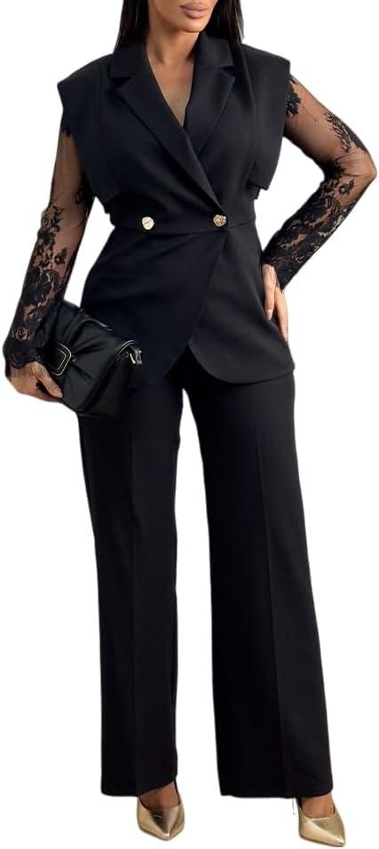 CHICME Women's 2 Piece Outfits Lace Spliced Long Sleeve Notched Collar Top and Casual Wide Leg Pants Set (Black, M)