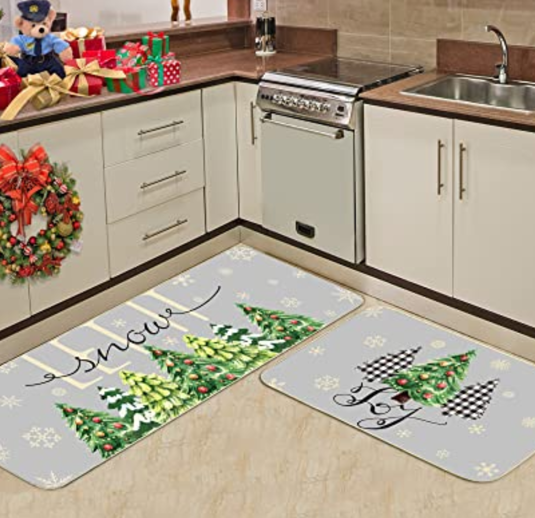 Merry Christmas Kitchen Rugs Set of 2 Grey Farmhouse Decorative Rubber Backing Xmas Winter Holiday Floor Mat Tree Joy Mat Anti-slip Let It Snow Decorations for Indoor Outdoor Home 15,5"/46,5" And 15,5"/23"