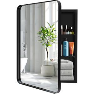 24" x 32" Black Bathroom Medicine Cabinet with Mirror, Recessed or Wall Mount Single Door Aluminum Alloy Framed, Bathroom Storage Cabinet with 2 Adjustable Glass Shelves