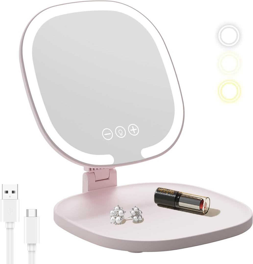 Rechargeable LED Travel Makeup Mirror, 3-Color Lighting, Dimmable Touch Screen, Multi Angle Adjustable, Foldable and Portable Desktop Vanity Mirror with Storage Tray (Pink)