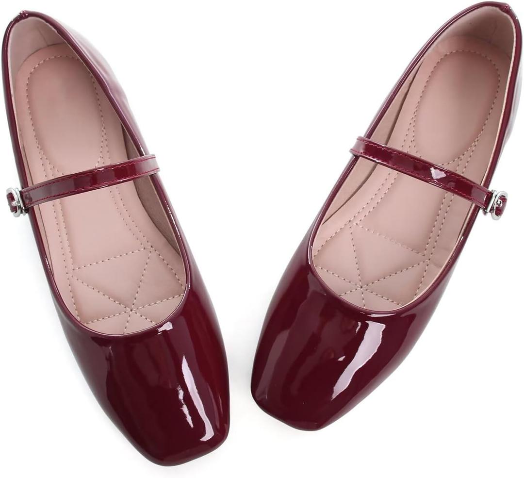 LUXINYU Women's Patent Leather Mary Jane Flats Classic Square Toe Ballet Flat Shoes with Buckle Strap Comfortable Work Flats, Red 9