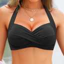 Yonique Women Halter Bikini Top Push Up Swimsuit Top Retro Swim Top Twist Front Bathing Suit Top Only (Black, XL)