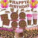 cocomigo 343pcs Cheetah Birthday Decorations Tableware Set, Serves 50 Guests, Cheetah Print Birthday Decorations includes 350 gsm Plates, Balloons, Tablecloths, for Leopard Theme Party Supplies