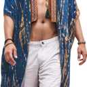 SEAUR Men's Lightweight Kimono Robe Casual Open Front Long Cardigan Summer Loose Half Sleeve Beach Shawl (X-Large, Blue)