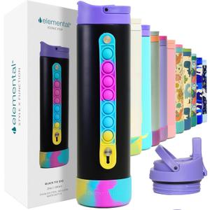Elemental Iconic Kids Water Bottle for School - 100% Leak-Proof Insulated Water Bottles with Straw Lid & Pop-It Handle for Boys & Girls - Triple-Wall Insulated & BPA-Free, 20oz  Black Tie Dye