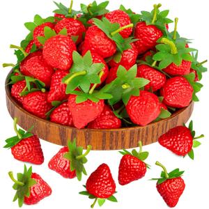 CLESDF 60Pcs Fake Strawberries, Artificial Lifelike Strawberry Plastic Strawberries red Strawberries for Home Kitchen Party Decor Photography Prop