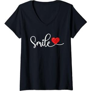 Womens Cute Smile Heart Positive Graphic Quote Inspirational V-Neck T-Shirt (Black, L)