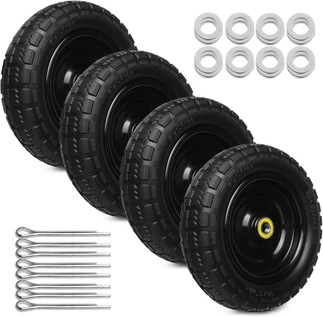 10 Inch Solid Rubber Tires, 4.10/3.50-4 Tire and Flat Free with 5/8" Bearings, 2.17" Offset Hub for GOR Garden Carts, Garden Wagon Carts, Trolleys, Hand Trucks and Utility Cart(4 Pack)