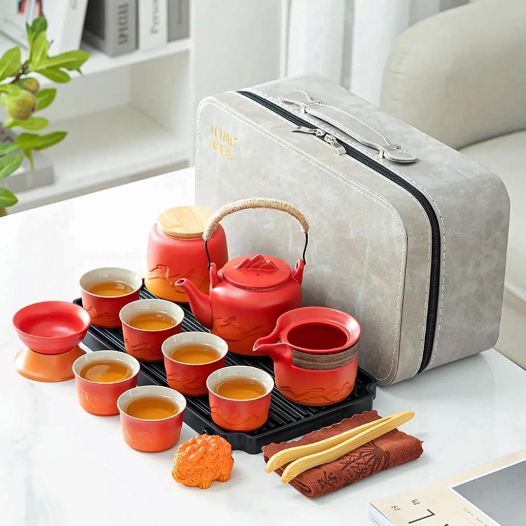 ICHAG Chinese Tea Set, Japanese Tea Sets for Adults, 15-Piece Porcelain Gongfu Tea Set with Teapet & Tea Tray, Japanese Teapot Sets, Travel Tea Party Sets, for Home/Office/Outdoor/Gifts (Red)