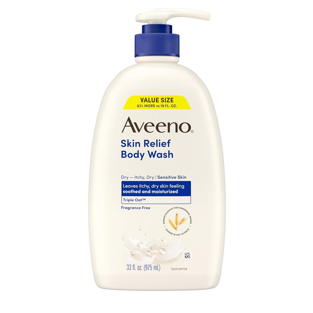 Aveeno Skin Relief Fragrance-Free Body Wash with Triple Oat Complex, Gentle Daily Cleanser for Sensitive Skin Leaves Itchy, Dry Skin Feeling Soothed & Moisturized, 33 fl. oz