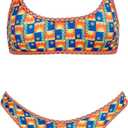 VOLAFA Women's Triangle Bikini Set Smocked Textured Scoop Frilled Print Ruched Elastic Swimsuit Two Piece Bathing Suit (6, Orange Blue Sun)