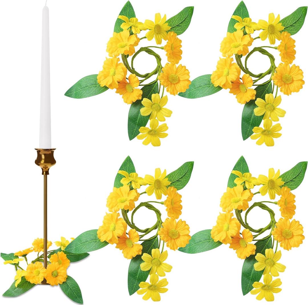 3 x Suncalla 4 Pcs 1.25'' Mini Spring Taper Candle Ring Mini Yellow Daisy Candle Rings for Tapers Small Artificial Flower Candles Holder Wreath for Spring Table Centerpiece Home Party