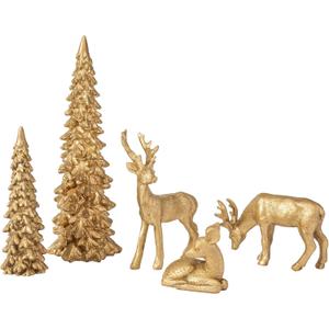 DN DECONATION Christmas Reindeer and Tree Decor  Set of 5 Gold Xmas Reindeer with Christmas Tree Statues  Vintage Resin Woodland Forest Animals Deers for Table Mantle, Indoor Winter Decor