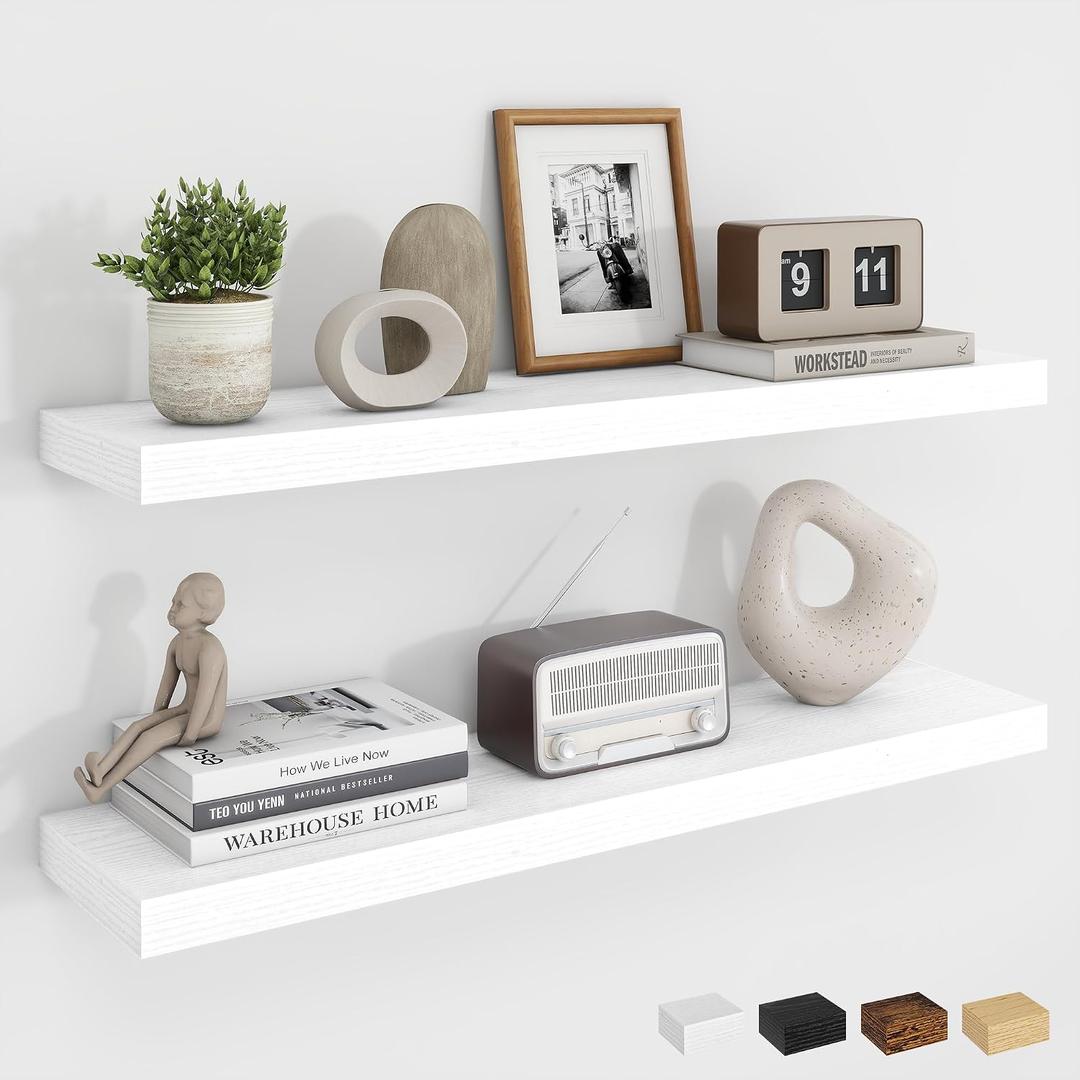 Dreamland 30Inch Floating Shelves for Wall, Rustic Wooden White Floating Shelves for Bathroom|Bedroom|Kitchen, Deep Wall Mounted Book Shelf, Wood Storage Display Shelf for Home Decor, Set of 2