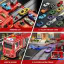 3in1 Fire Truck Toy with Foldable Race Track & 12 Diecast Race Cars Toys, Fire Trucks for Toddlers 3-5 with Lights & Sounds, Carrier Truck Car Kids Toy Gift for Age 3 4 5 6+ Year Old Boys Girls