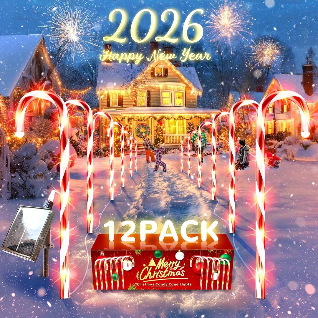 Anordsem Solar Christmas Decorations Outdoor: 12 Pack Candy Cane Pathway Stake Lights - 21" Waterproof LED 8 Lighting Models Yard Garden DIY Decor - 2026 Xmas Gifts for Homeowners (Red)