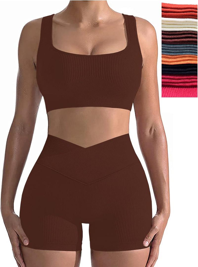 niyokki Workout Sets for Women Two Piece Sexy Summer Sports Bra and Crossover Shorts Matching Workout Set (Small, Coffee)
