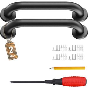 12" Stair Handrail, Wall-Mounted Safety Grab Bar for Indoor & Outdoor Steps, Rustic Pipe Design, Black ((2 Sets))