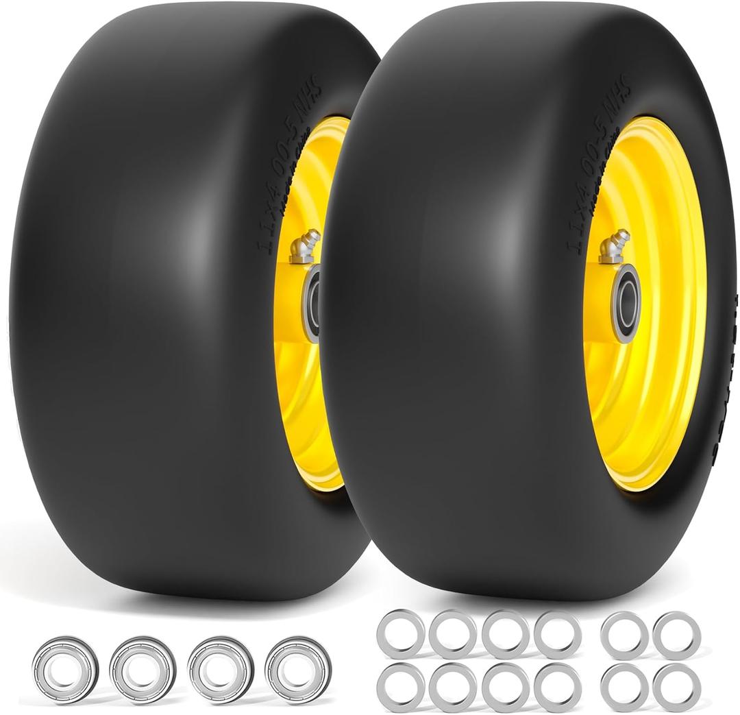 11x4.00-5 Lawn Mower Tires Flat Free, Zero Turn Mower Front Tires, 11x4-5 Solid Mower Wheel for Residential and Commercial, 3/4" and 5/8" Bearing, 3.4"-5" Center Hub, 2Pack Yellow, 350Lbs
