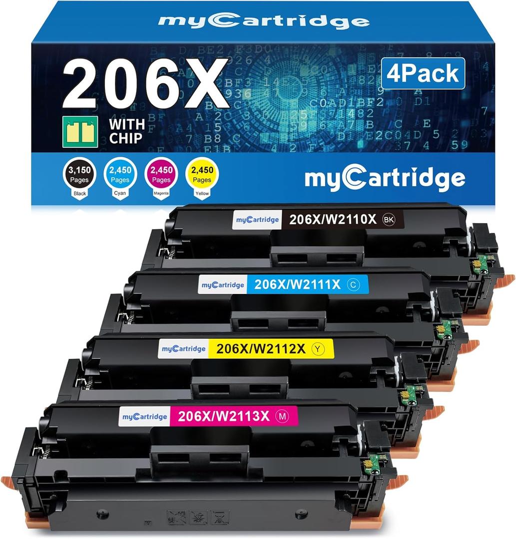 206X Toner Cartridges 4 Pack High Yield (with Chip) Compatible Replacement for HP 206X 206A for Color LaserJet Pro MFP M283fdw M283cdw M283fdn M282nw Pro M255dw M255nw M283 M255 Printer W2110X W2110A