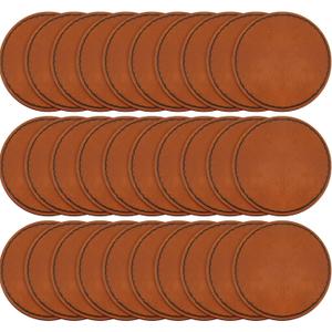 Dunzy 30 Pcs Blank Leather Hat Patches with Adhesive 2.5 Inch Round Laserable Leatherette Patch Faux Leather Patches Sewing Laser Engraving Supplies for Hats Jackets Backpacks(Brown)
