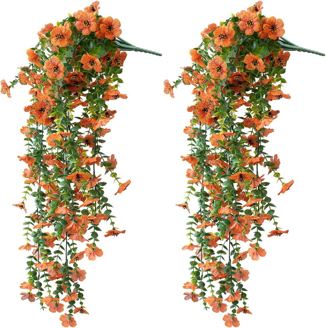 Artificial Hanging Flowers for Outdoors, 2 Pcs UV Resistant Artificial Outdoor Plants, No Fade Fake Hanging Plant with Silk Flowers for Outdoor Planters for Home Garden Porch Yard Decor, Orange