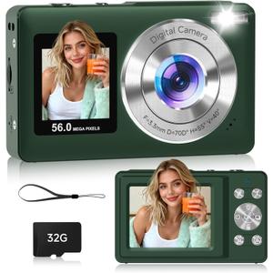 Digital Camera, 56MP Dual Screen Autofocus Vlogging Camera, 16X Zoom Point and Shoot Camera for Photography, Anti-Shake, 32GB Card, Compact Camera for Teens Adults,Green