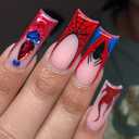 Long Square Press on Nails Halloween Fake Nails Spiders Web French Tip Glue on Nails with Red Flame Rhinestone Designs Glossy Halloween Full Cover Red Nail Tips False Nails for Women Manicure 24Pcs, Set of 2