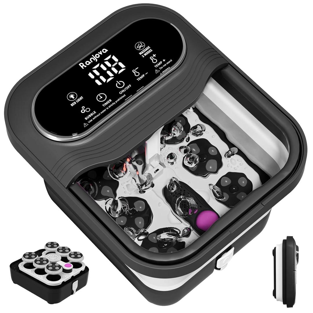 Collapsible Foot Spa Electric Rotary Massage, Foot Bath with Heat, Bubble, Temp Control, and 24 Motorized Shiatsu Massage Balls, Pedicure Foot Spa Tub for Stress Relief (Black)