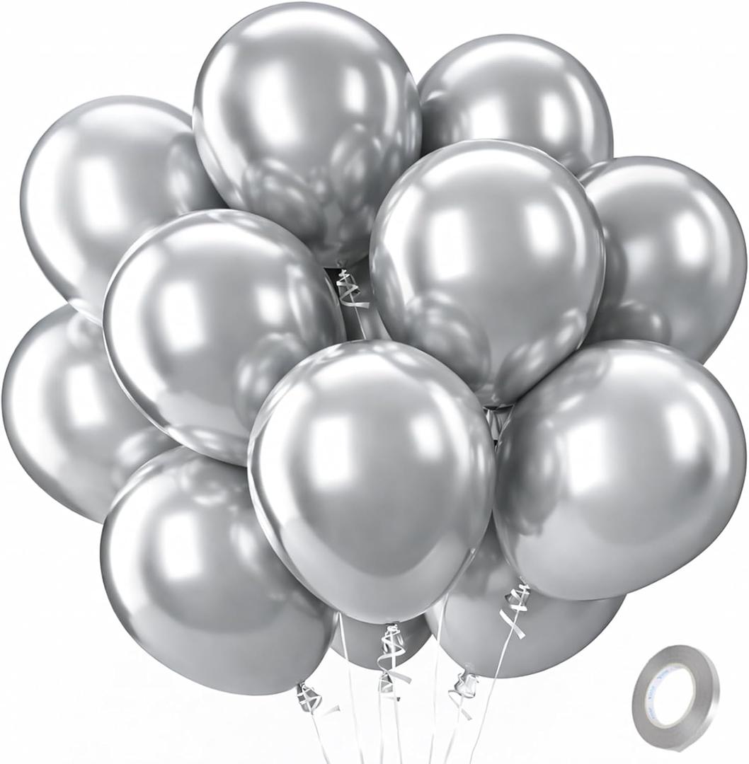 Patimate Metallic Silver Balloons 100 Pack 12 Inch Silver Chrome Latex Balloons for Birthday Wedding Anniversary Engagement Graduation Baby Shower Bridal Shower Retirement Party Decorations