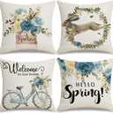 Easter Pillow Covers 18x18 Set of 4 Bunny Eucalyptus Leaves Decorations Truck Sweet Home Spring Farmhouse Pillow Covers,Polyester Cushion Case Gifts for Home Decor-Hello Spring