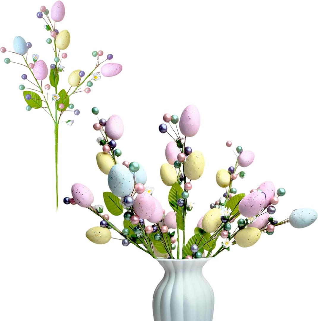 4pcs Artificial Easter Spray Vine with Pastel Easter Eggs and Berries- Decorative Spring Floral Stems-Egg Twig Branches for Floral Arrangement-Centerpiece Wreath Decoration