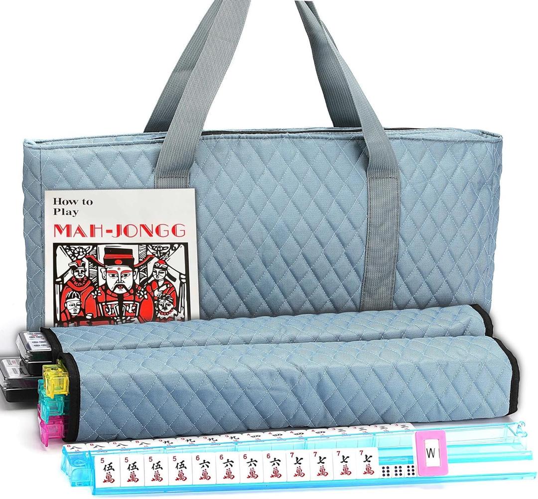 American Mahjong Game Set - Pearl Gray Quilted Soft Bag - 166 White Engraved Tiles, 4 All-in-One Rack/Pushers Complete Western Mah-Jongg, Maj Jongg, Ma Jong Set