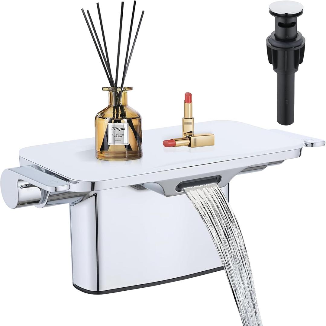 Waterfall Bathroom Faucet, 4 Inch Centerset Bathroom Sink Faucets, 2 Handle Bathroom Faucets for Sink, Modern Rv Lavatory Vanity Faucet with Pop Up Drain and Supply Hoses, Chrome