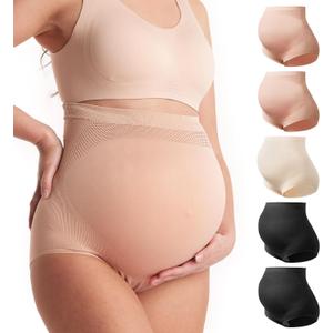 Momcozy Women's Maternity High Waist Underwear Pregnancy Soft Seamless Maternity Underwear Over Bump (Large, 2black,2pink,almond-5pk)