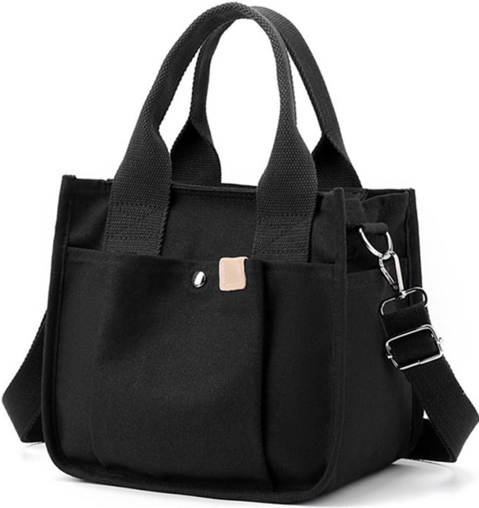 Small Canvas Tote Bag with Zipper, Canvas Multi-Pocket Crossbody Bag Purse Top Handle Satchel Handbags (Large, Black)