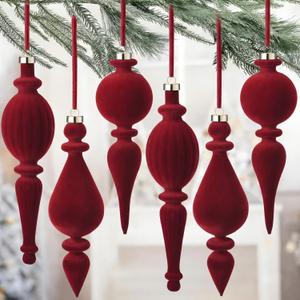 Jetec 6 Pcs Burgundy Velvet Christmas Finial Ornament Flocked Xmas Tree Hanging Decoration Plastic Velvet Christmas Ornaments with 3 Styles for Xmas Tree Holiday Home Party Decoration