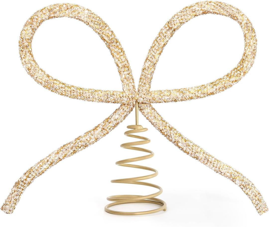 Christmas Decorations - Christmas Decor - Gold Glass Rhinestone Bow Tree Topper - Xmas Holiday Tree Top Decoration for Indoor Outdoor Home Room Party