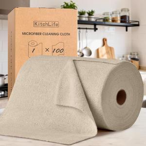KitchLife Microfiber Cleaning Cloth Roll, 100 Pack - Tear-Away Microfiber Paper Towels, Lint-Free, Reusable, Washable for Kitchen, Car, Dishes, and Sensitive Surfaces (Sand Beige)