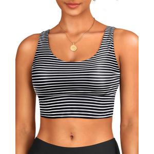 Yonique Women Sports Bra Bikini Top Swim Bra Athletic Swim Top Scoop Neck Bathing Suit (Small, Black and White Stripe)