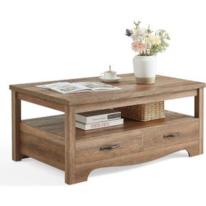 LINSY HOME Farmhouse Coffee Table with Storage, Wood Coffee Table for Living Room, Open Display Area and Storage Drawers with Metal Handles, Chic Style with Curved Base, Brown