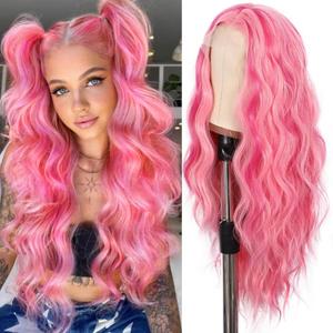 SAPPHIREWIGS Highlight Pink Lace Front Wigs Long Loose Curly Wavy Wig 134 Synthetic Lace Front Wigs Glueless Heat Resistant Fiber Natural Hairline Daily Cosplay Halloween Wig 26 Inches
