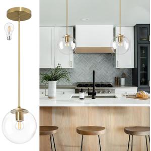 8" Globe Pendant Light Gold Mid Century Modern Light Fixture Clear Glass Pendant Lights Kitchen Island Modern Pendant Lights Brushed Brass Finished with Clear Glass Lampshade for Bedroom