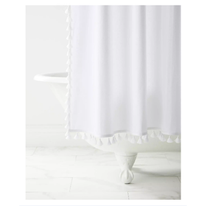Shower Curtain, 70x80 Inch Long Boho Tassel Linen Fabric Thick Shower Curtain Set with Plastic Hooks, Large Modern Farmhouse Country Decorative Cloth Shower Curtain for Bathroom, White