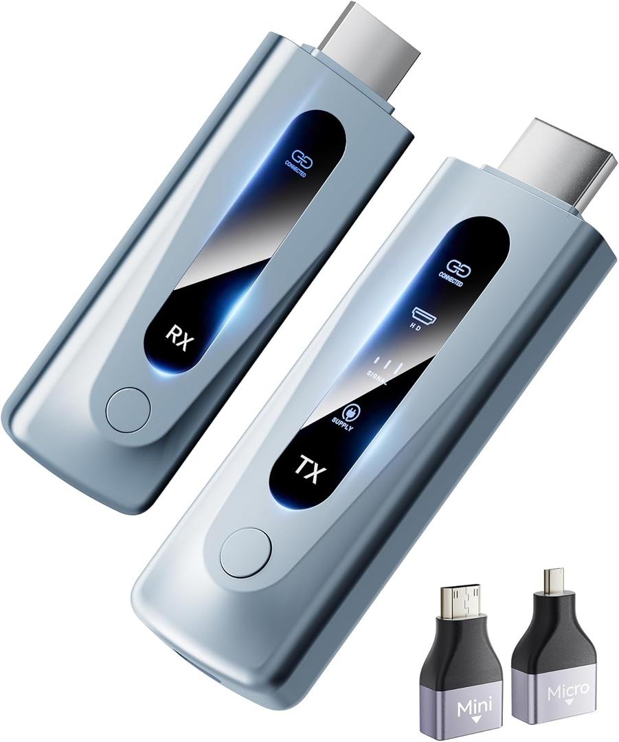 2025 Upgraded Wireless HDMI Transmitter and Receiver 328FT/100M, Plug & Play Portable 5G+2.4G Wireless HDMI Extender Kit for 4K Decode Input 1080P Output, for Audio to Monitor from Laptop/TV Box (Light Blue)
