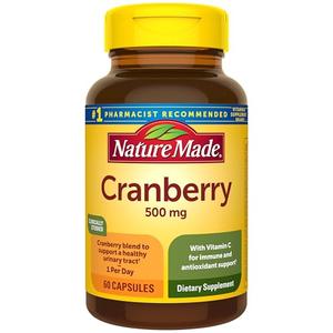 Nature Made Cranberry Supplement 500mg with Vitamin C for Immune & Antioxidant Support, Cranberry Blend for Urinary Tract Health, One Per Day, 60 Capsules, BB Date Oct 2027
