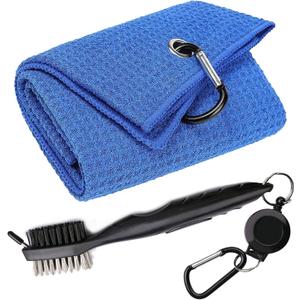 Golf Towels, Microfiber Waffle Pattern Tri-fold Golf Towel - Brush Tool Kit with Club Groove Cleaner, with Clip Men Women Golf Gifts (Blue Towel+Black Brush)